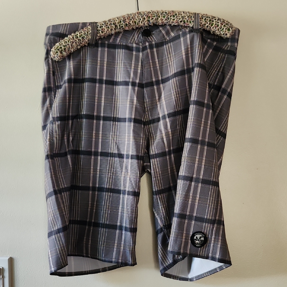 Vans Black and Gray Plaid Shorts with Round Logo Patch